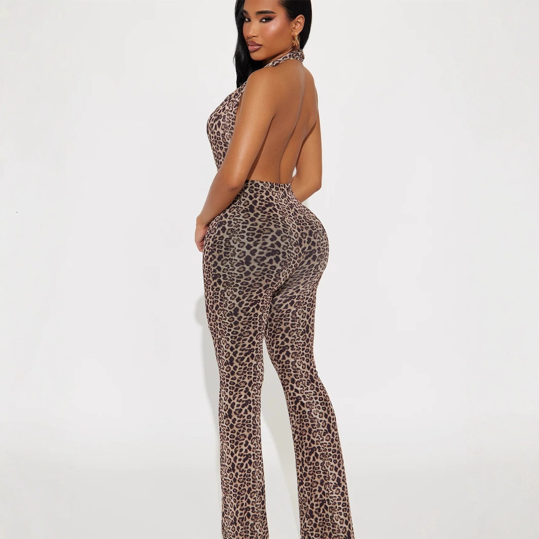 D9530 Womens Fashion Sexy Hot Girl Halter Leopard Print Backless Jumpsuit