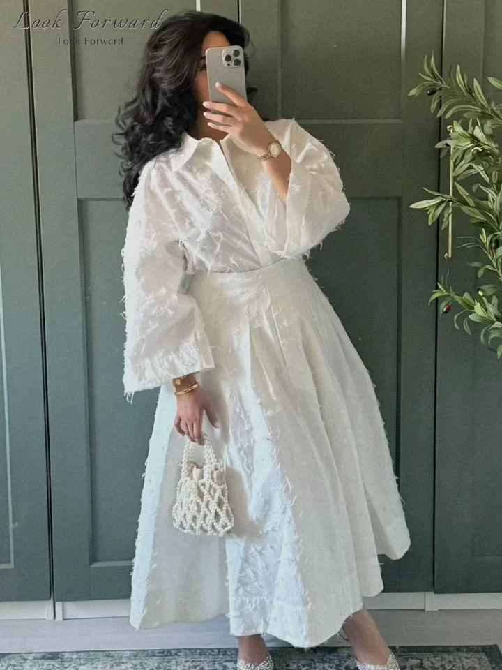 Tassel Shirt Long Skirt Suit Women Loose Lapel Buttons Blouse Aline Set Female Full Sleeve 2025 Autumn white Sets Lady 250819