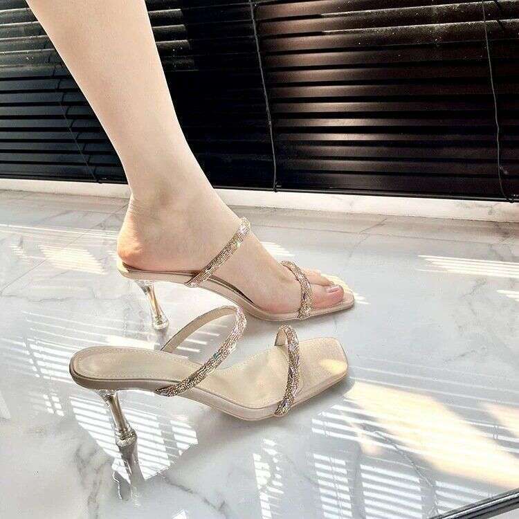 Stiletto Transparent One-Strap Heel Half Mules Women's Sandals 2025 Summer Designer Shoe Shoes New Rhinestone High Heels Fairy Style Slippers
