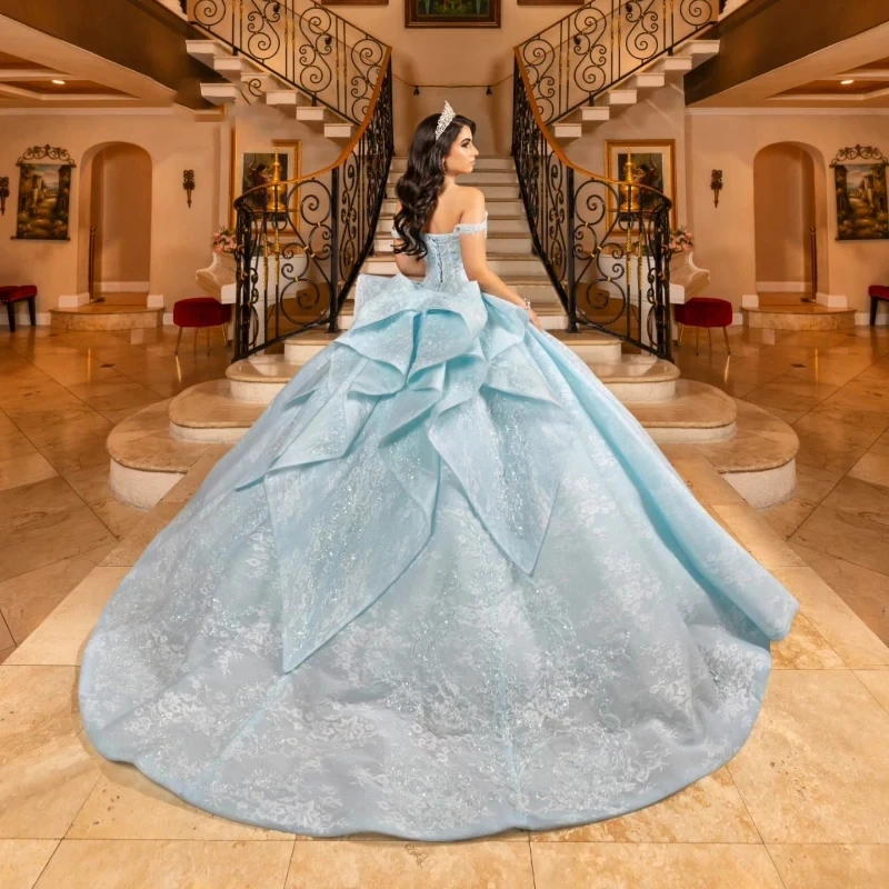 Sky Blue Off The Shoulder Quinceanera Dresses Applique Lace Tull Beads Princess Ball Gown Party Birthday vestidos 15 anos Sweet 16 Dress