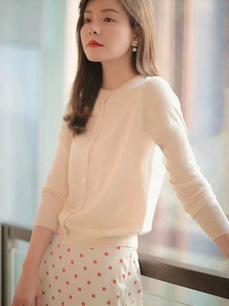 Spring and Autumn Thin Womens Round Neck Knit Solid Color Bright Silk Cardigan Jacket Loose Bottoming Cardigan Sweater XJ250819