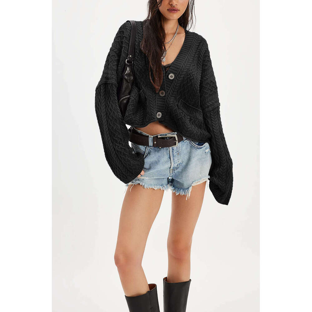 New Autumn And Winter Women's Short Twist Loose Solid Color Knitted Cardigan Jacket B3