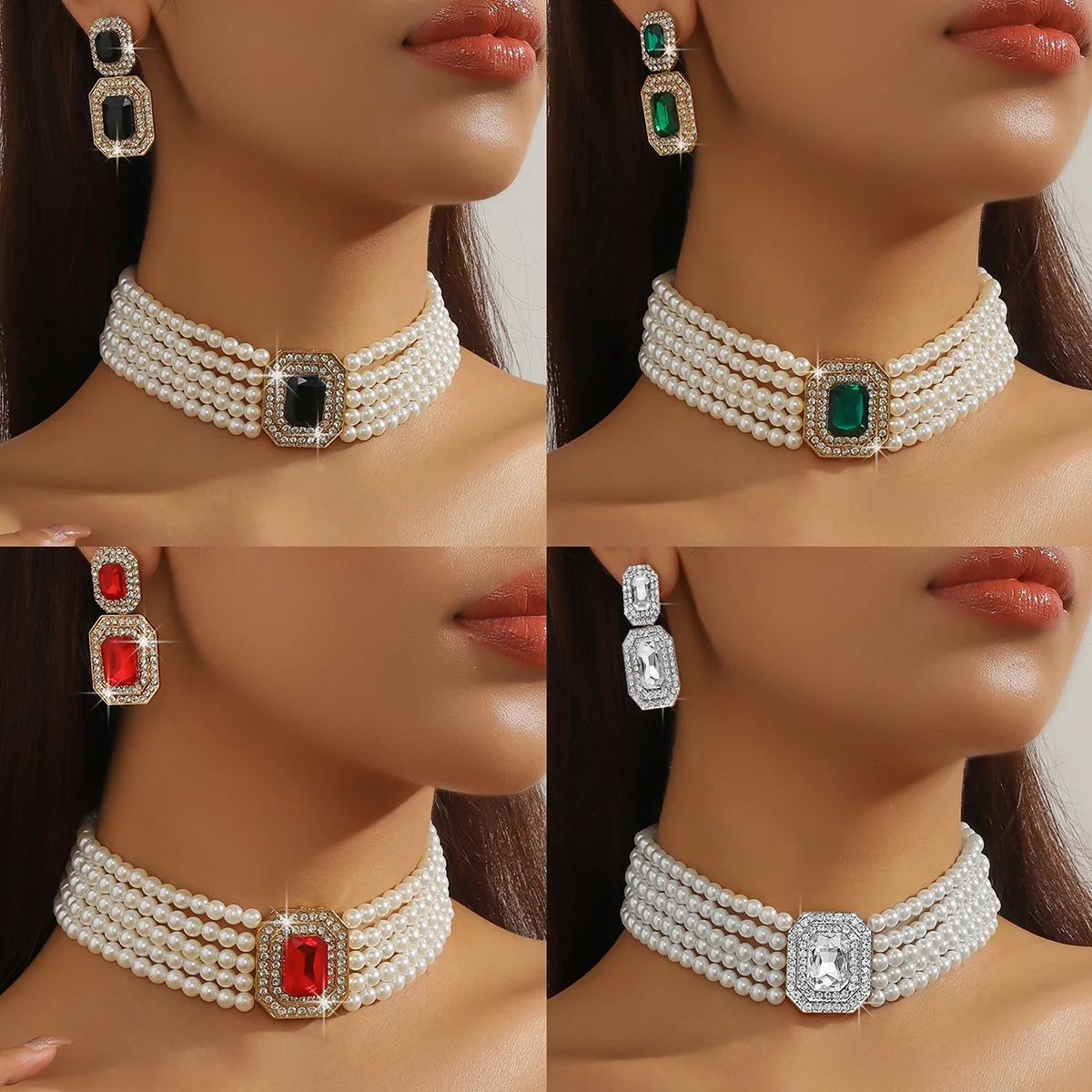 Rectangular Gemstone Earrings Pearl Necklace Set for Women Vintage Multi-layered Pearl Necklace Drop Earrings 250815