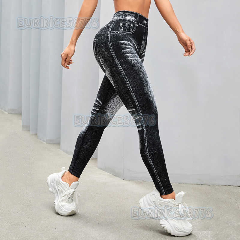 Faux Denim Seamless Yoga Pants for Women Back v Waist Hip Lift Quick Dry Tight Running Sports Fitness Long Pants H250819