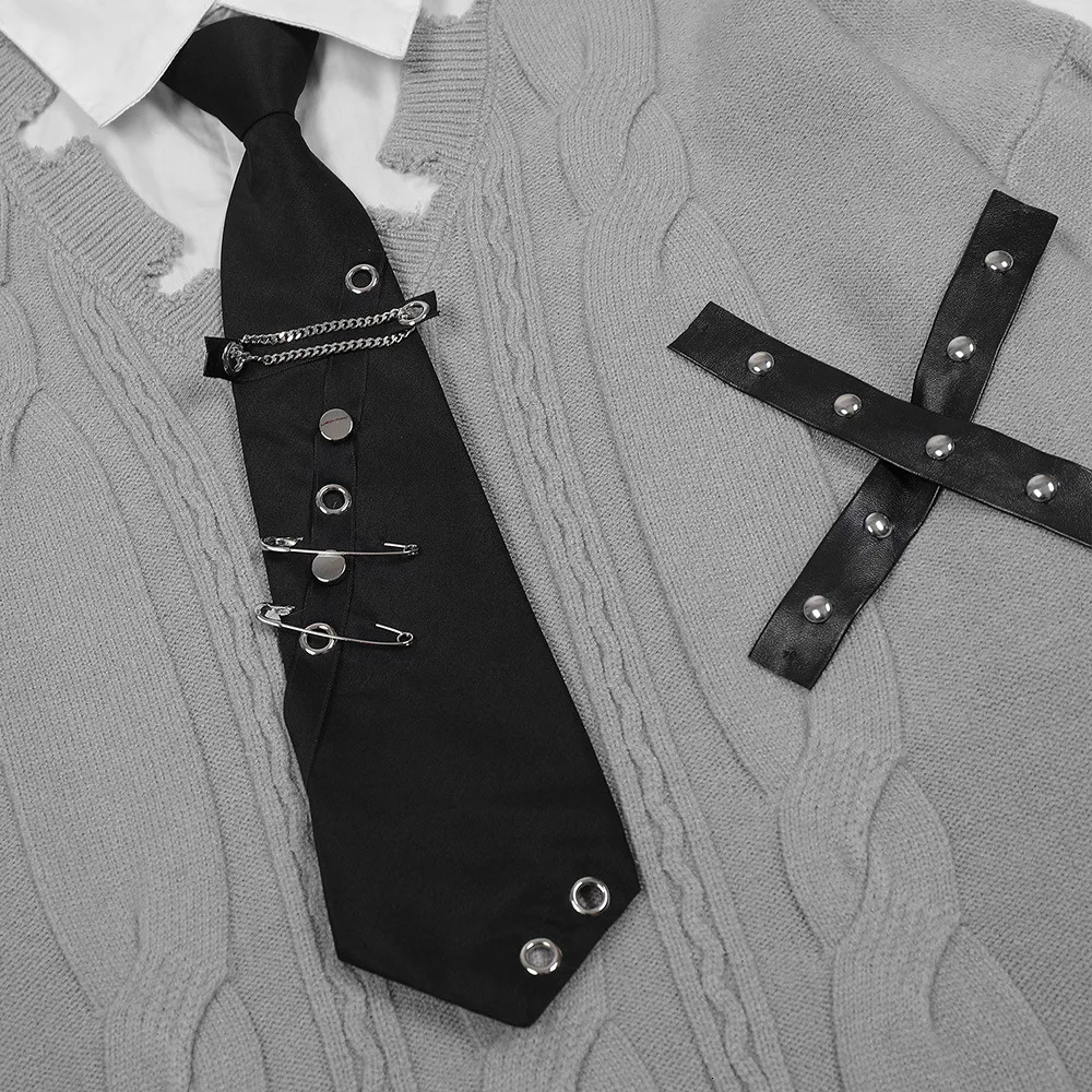 Harajuku False Two Shirt Sweaters Mens with Necktie Damaged Torn Pullover Sweater Preppy Loose Casual Color Block Knitwears Y2k 250819