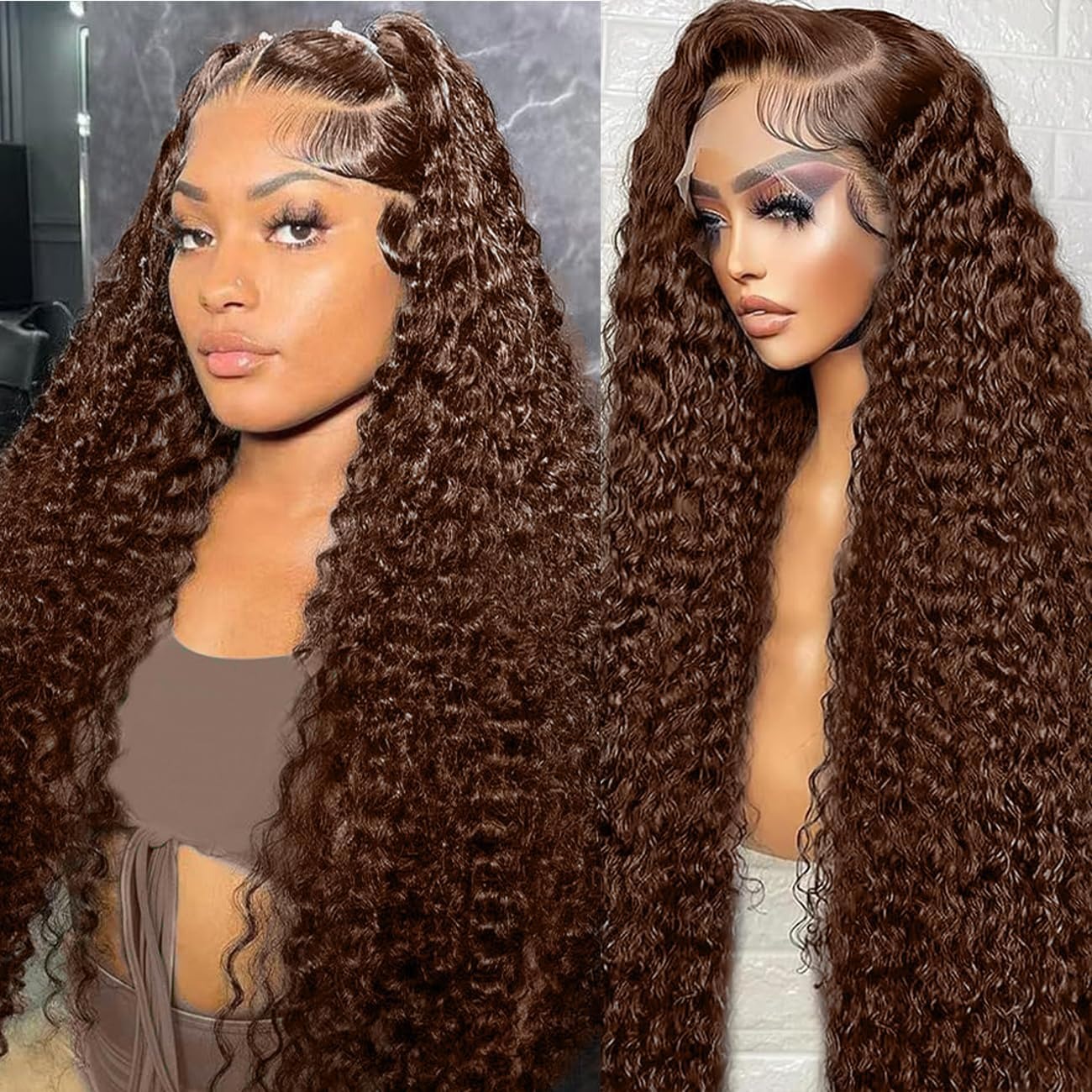 30 Inch Chocolate Brown Deep Wave Lace Front Wigs 220 Density 13x6 HD Lace Frontal Wig Curly Human Hair Pre Plucked Wig for Women Brown Glueless with 