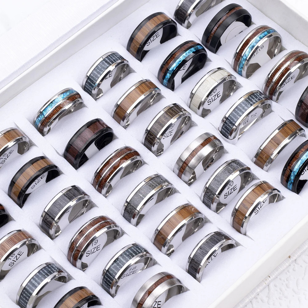 20Pcs/Lot Fashion Wood Grain Stainless Steel Rings For Women Male Quality Engagement Jewelry Party Accessorie Wholesale 250815