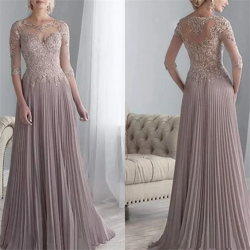Chiffon Pleated Lace Applique A Line Mother Of The Groom Dress With 1/2 Sleeves Bride Long Vestido De Festa Wedding Gowns 2025