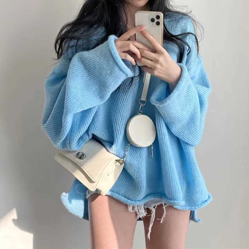 2025 Autumn Korean Style Long Sweater Loose Thin Sweater Sweet V-neck Pleated Blue Knitted Pullover Casual Womens Knitwear 99 XJ250819