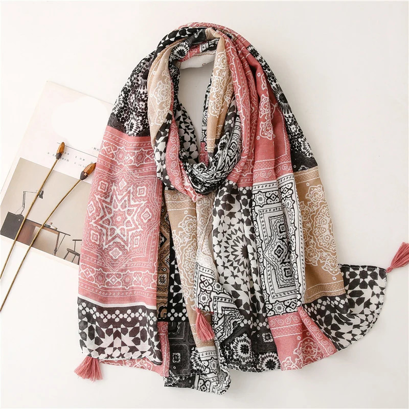 Printed Floral Cotton Tassel Scarf Viscose Shawls For Woman Summer Beach Long Muffler Fashion Muslim Headband 185*90cm 250818