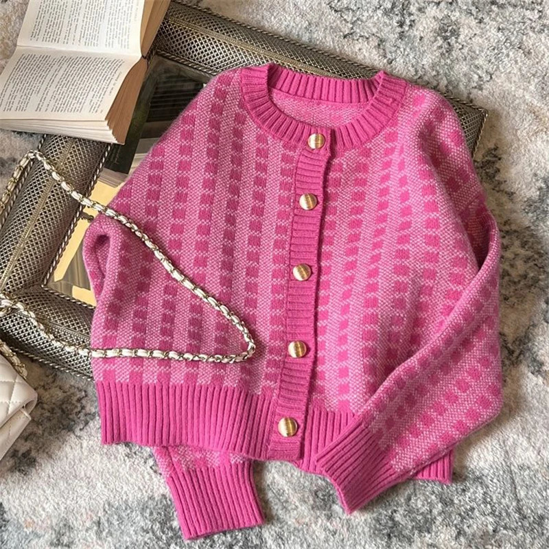 Y2k Pink Women Cardigan Korean Sweet Plaid Long Sleeve Female Sweaters Harajuku O Neck Preppy Style Ladies Tops 250819