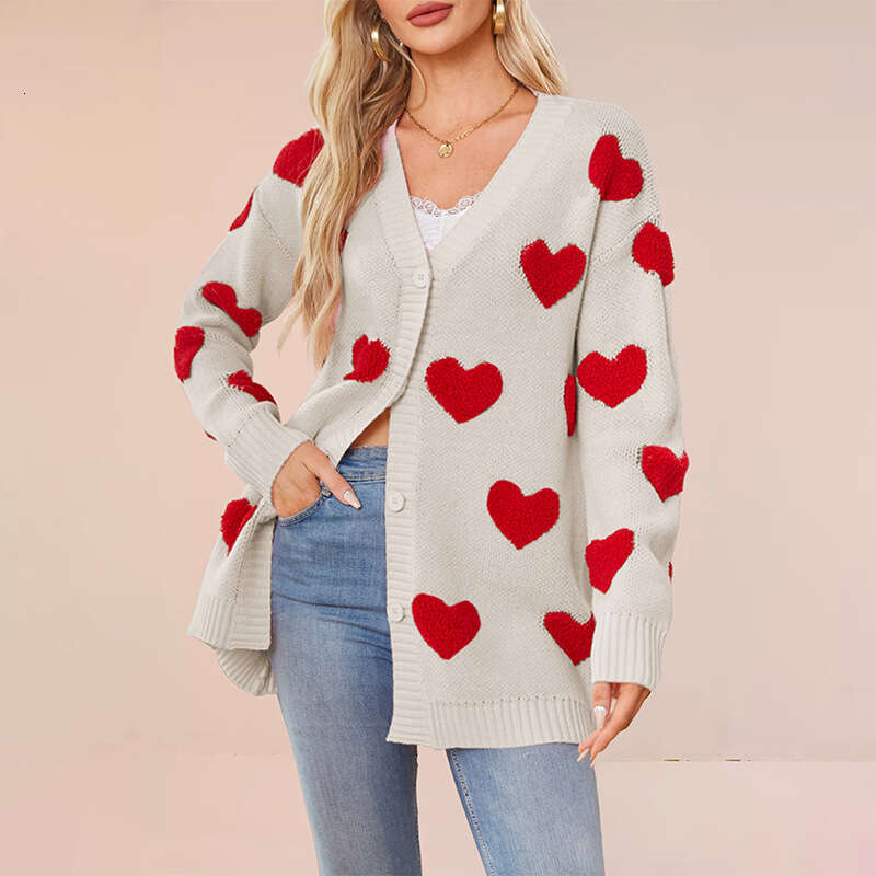 Women's New Fashion Temu Valentine's Day Heart Knitted Cardigan V-Neck Button Mid-Length Outerwear B5