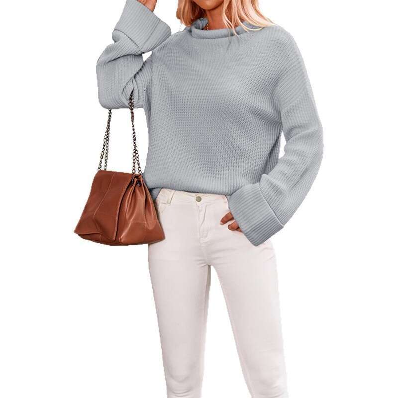 New Women's Autumn Winter Solid Color Flared Sleeve Pullover Crew Neck Sweater Knit B5