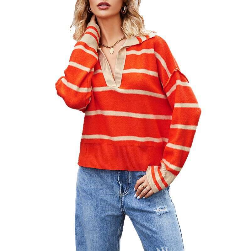 Autumn Winter Women's Fashion New Style Patchwork Color Striped Loose Sweater Turn-Down Collar Knitwear B5