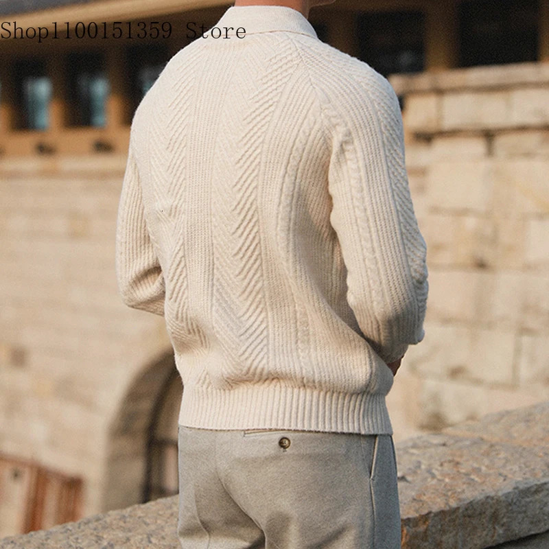 Fashionable Textured Knitted Sweater Mens Polo Shirts Long Sleeve Turn-down Collar Zipper Jumper Tops Autumn Men Knit Clothing 250818