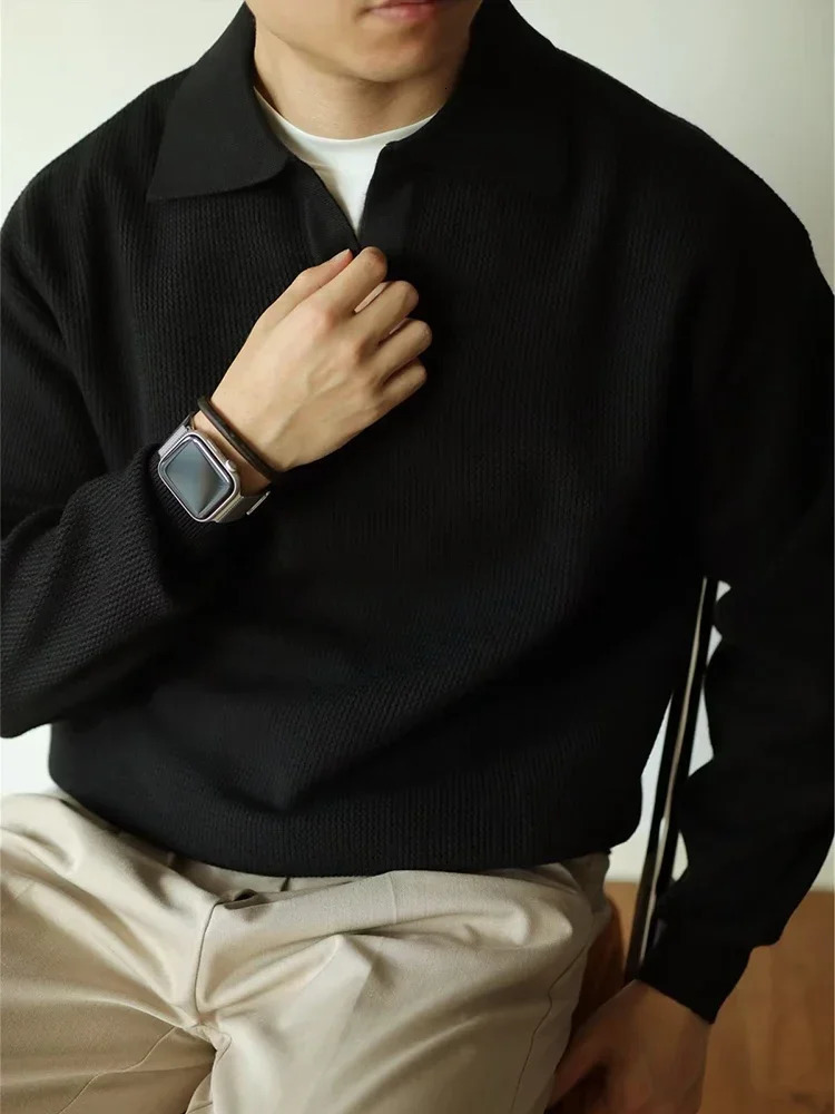 Fall Casual Sweater Mens Knitted Polo Shirts Long Sleeve Turn-down Collar Tops Men Vintage Knitwear Solid Color Tops 250818