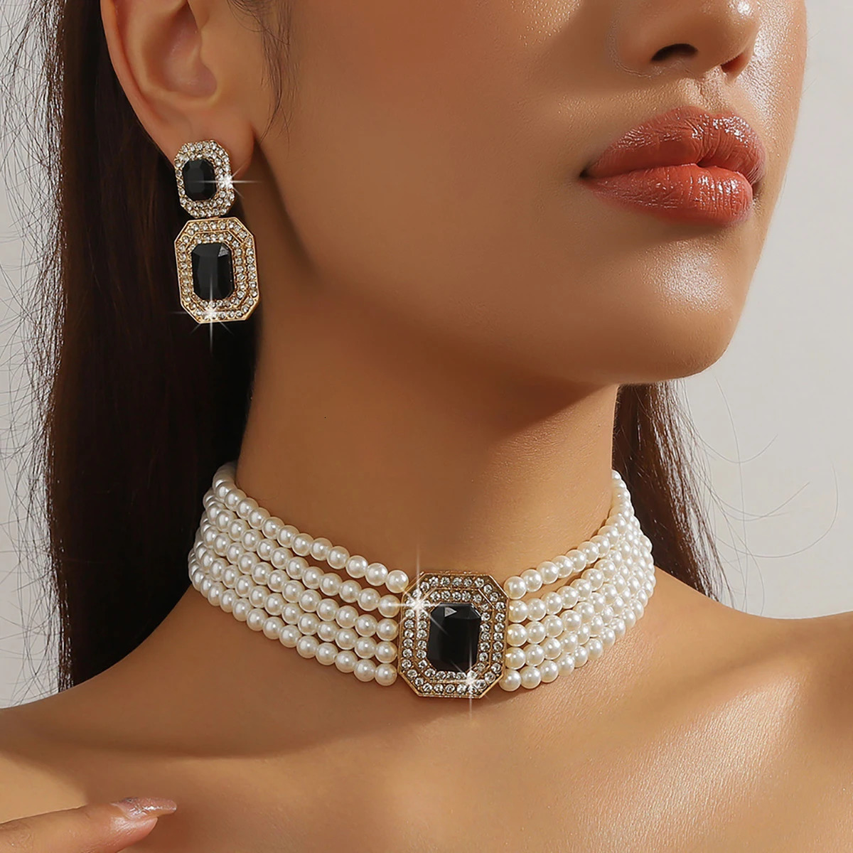 Rectangular Gemstone Earrings Pearl Necklace Set for Women Vintage Multi-layered Pearl Necklace Drop Earrings 250815