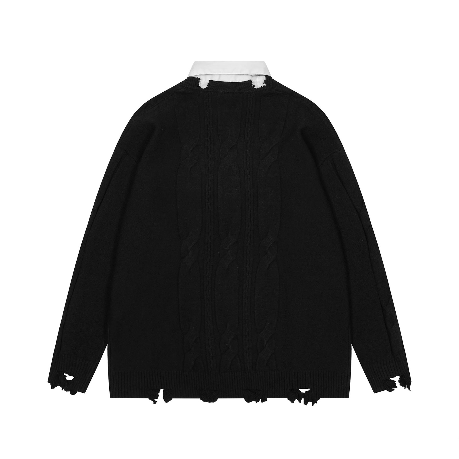 Harajuku False Two Shirt Sweaters Mens with Necktie Damaged Torn Pullover Sweater Preppy Loose Casual Color Block Knitwears Y2k 250819