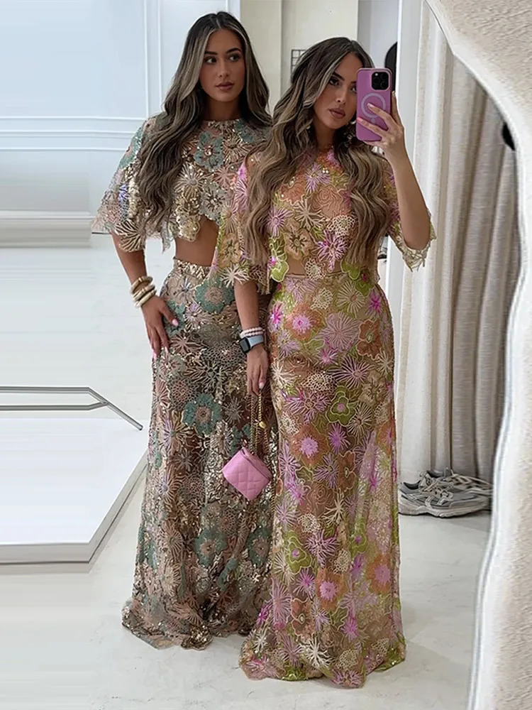 Retro Embroidered Sequins Top Long Skirt Set Lady Sexy Irregular Short Tops Perspective Beads Skirts Sets Women 2025 Chic Street 250818