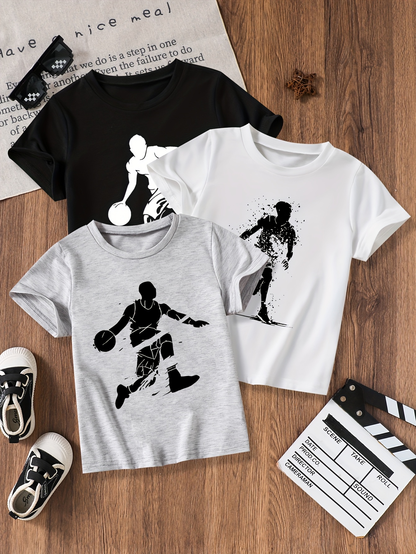 T-shirts Boy's Three-Piece Short-Sleeve Set Featuring Basketball Player Print & Breathable Quick-Dry Material