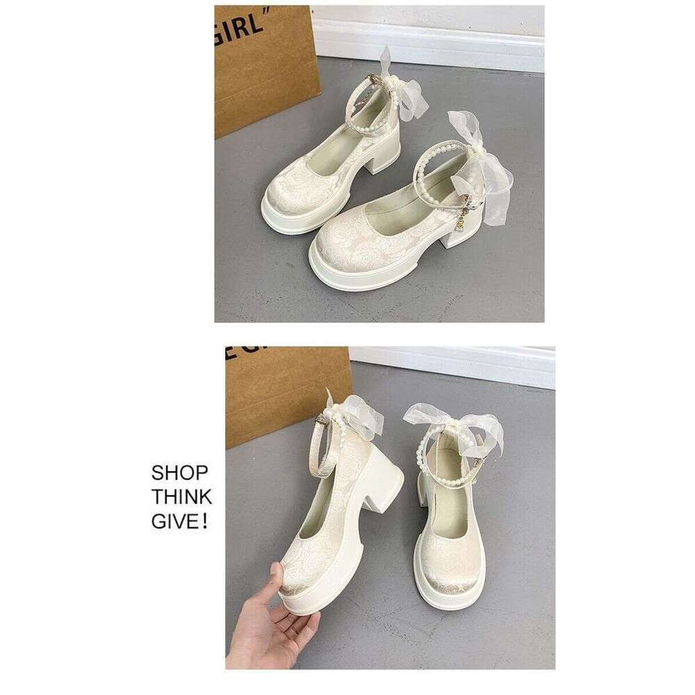 Chunky Heel Single for Women 2025 Spring New Pearl Bridesmaid Designer Shoes White High Heels Shoe Mary Jane Small Leather Comfortable