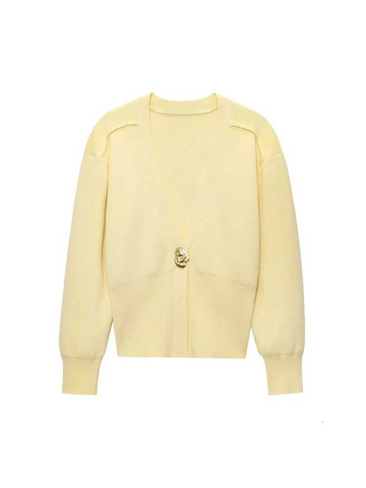 TRZA Women Fashion Front Gold Button Knit Cardigan Sweater V Neck Long Sleeve Outerwear Chic Tops XJ250819