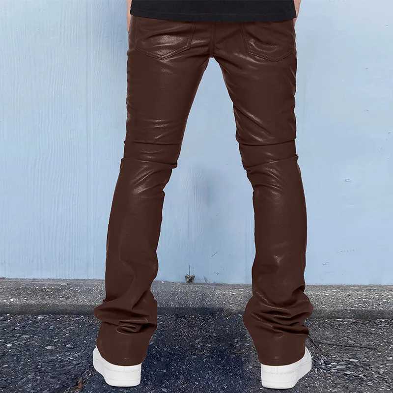 Leather Pants Men Long Pant Solid Mid Waist Casual Regular Pleated Splice Straight Trousers with Button Pocket for Autumn Winter W250819