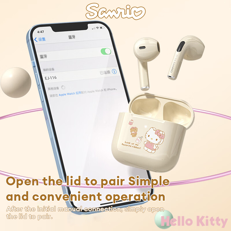 Sanrio Wireless Bluetooth Earphones Semi-In-Ear Call Noise-Canceling Sports Headset EJ-116 Hi-Fi High-Quality Music Earbuds Hello Kitty