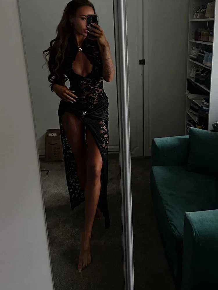 Lace Dresses For Women Fashion Sexy Elegant Solid Sleeveless Tank Hollow Out O-Neck High Side Split Slim Fit Long Dresses Robes M250623