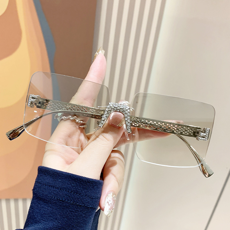 Letter F Diamond Frameless Square Sunglasses Retro Sunglasses Fashion Street Photo Metal Hollow Sun Glasses