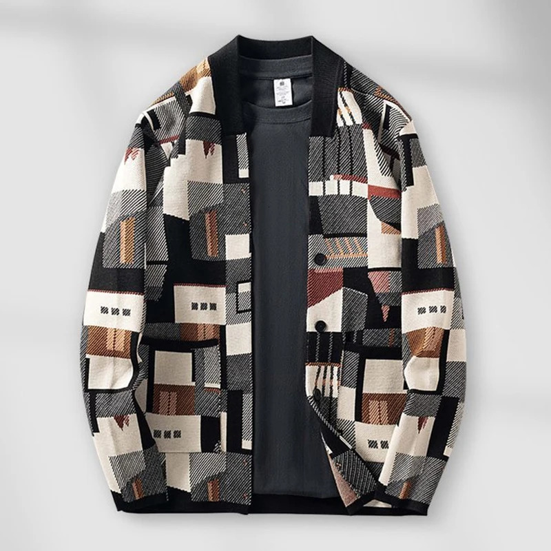 Geometric Oil Painting Camouflage Irregular Cardigan Sweater Mens Plus Size Widened Autumn Outer Wear Jacket Top Preppy 250819