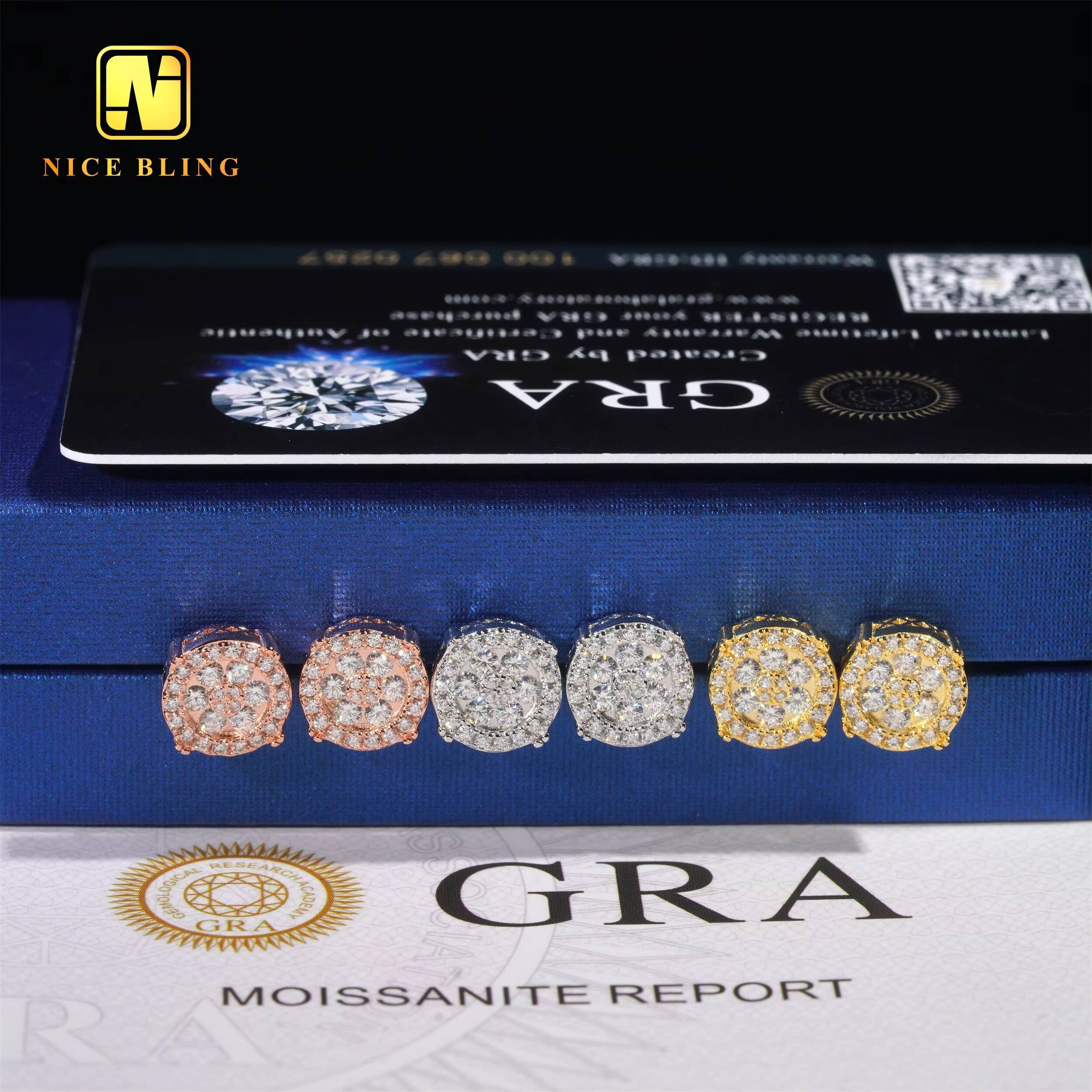 Lab Diamond Earrings Hip Hop Fine Jewelry 925 Silver Ear Studs Cluster Moissanite Earring for Men Women