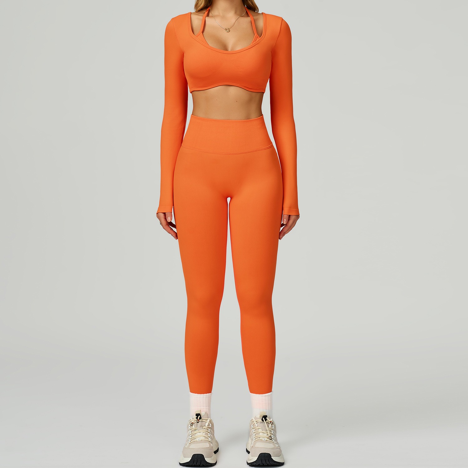 Women's Seamless Yoga Set - Halter Neck Long Sleeve & High-Waist Leggings for Sports