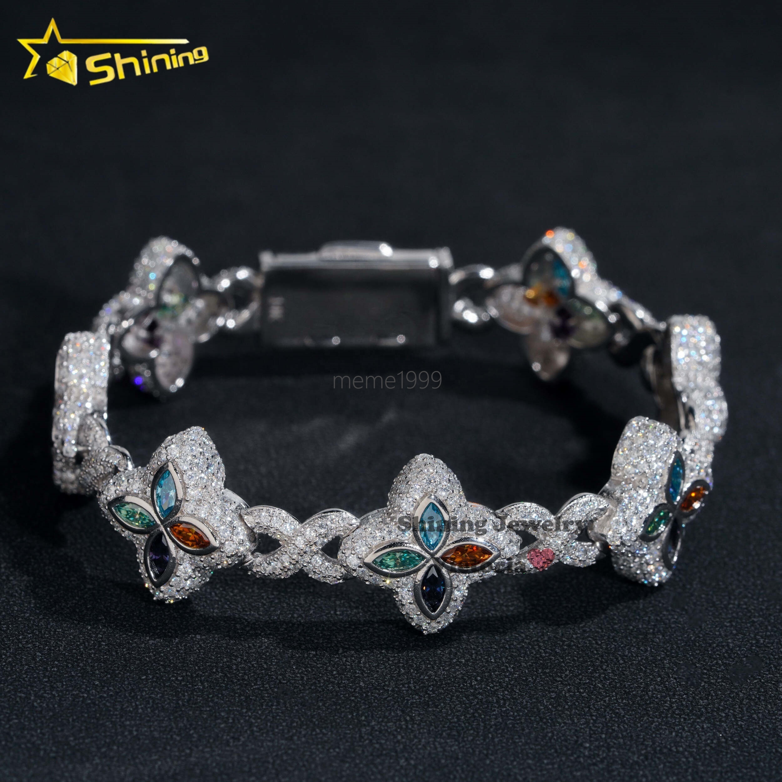 New Arrival Trendy Rapper Jewelry Iced Out 925 Silver Plated Moissanite Clover 18MM Infinity Link Cuban Bracelet Men