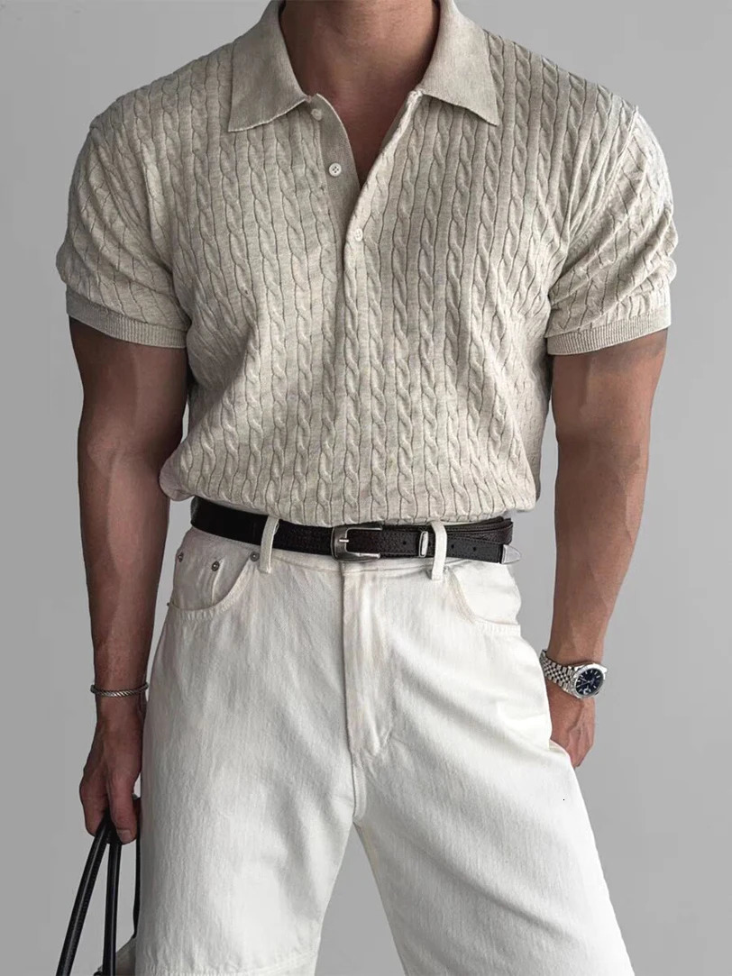 American Sle Hard Man Knitted irt Muscle Men Slim Fit Elastic ort Sve Turn-down Collar Sweatirt Tight Sve ... 250818