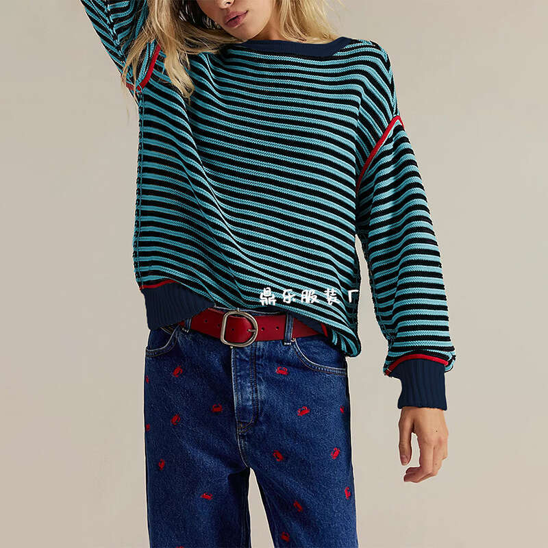 New Autumn And Winter Women's Striped Knitted Round Neck Pullover Loose Sweater B3