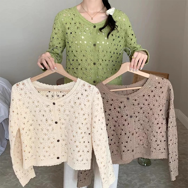 Long Sleeve Crochet Top for Women Sheer Button Up Hollow Out Openwork Knit Cardigan Jacket Spring Summer Boho Vacation Outfit 250819