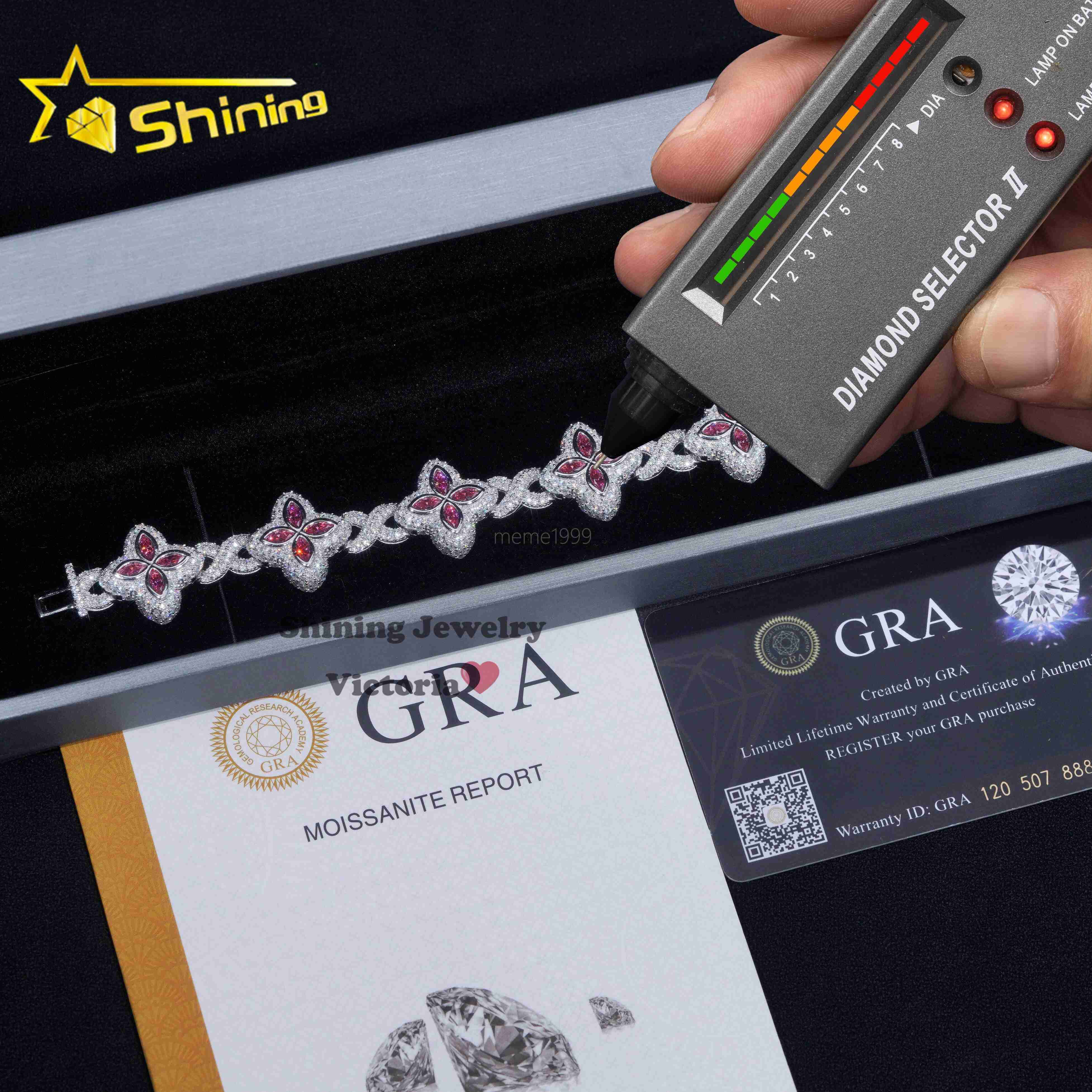 18MM Hip Hop Style Sterling Silver Iced Out Clover Infinity Link Bracelet Jewelry Pink Marquise Moissanite Clover Cuban Bracelet