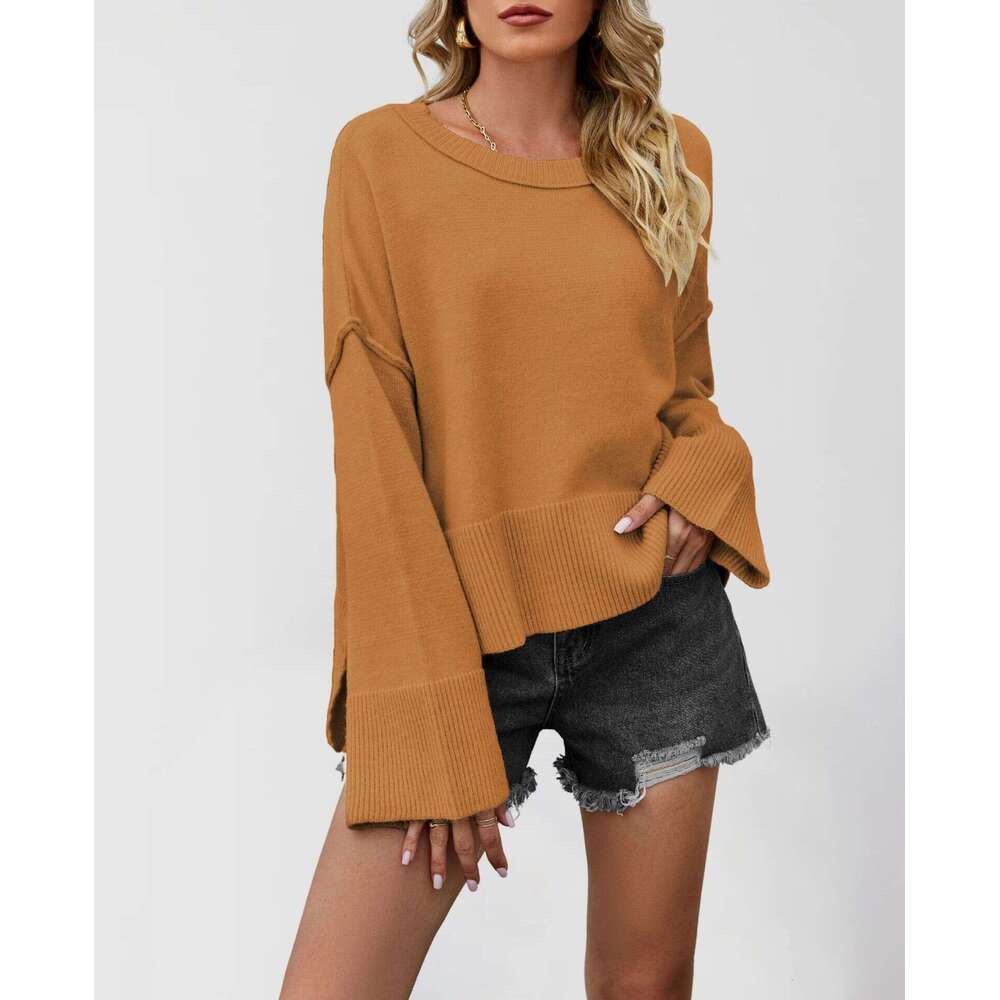 Autumn And Winter New Women's Clothing Street Style Flared Sleeve Solid Color Round Neck Sweater B5