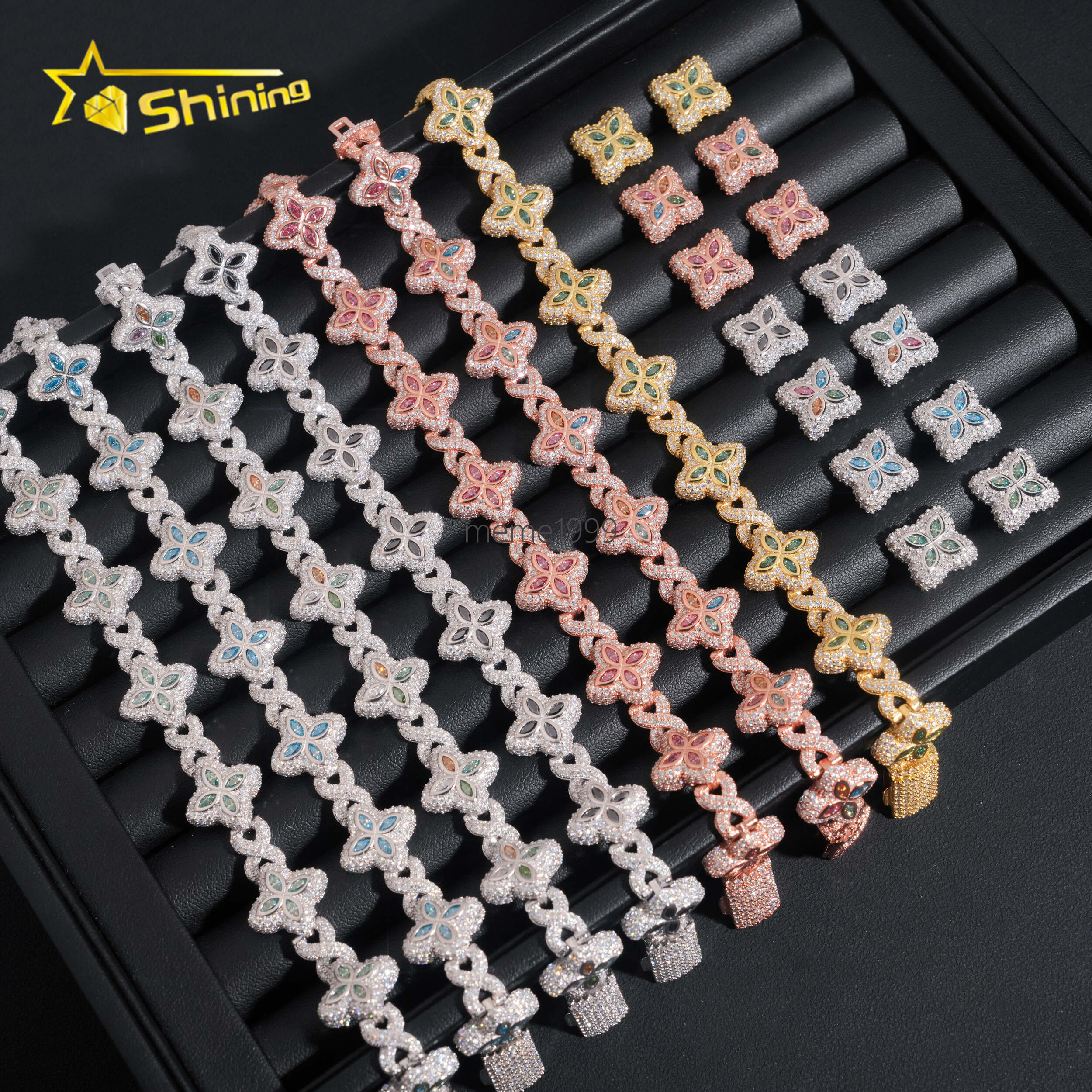 Hot Sale VVS Moissanite Iced Out 925 Silver 18K Gold Plated Colors Moissanite Flower 7 Bracelets 15mm Earrings Jewelry Sets