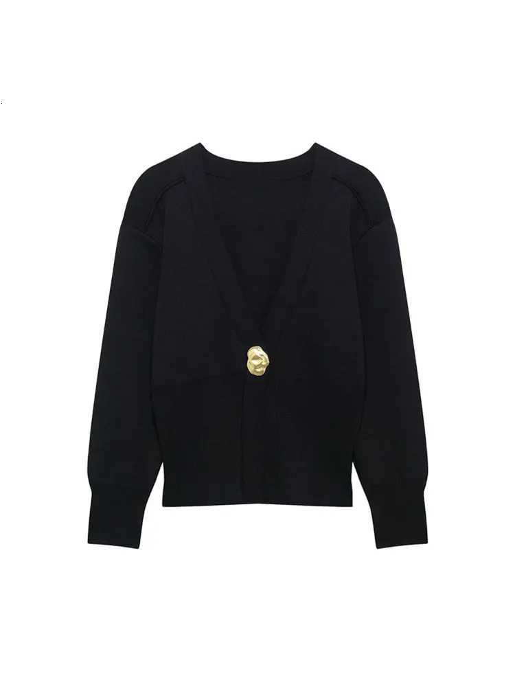 TRZA Women Fashion Front Gold Button Knit Cardigan Sweater V Neck Long Sleeve Outerwear Chic Tops XJ250819