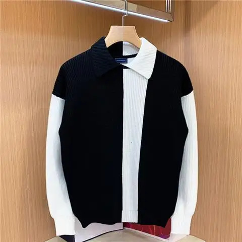 European American Trendy n Colorblocked Lapel Pullover for Men Casual Personalized Thickened Round Neck Sweaters 250819