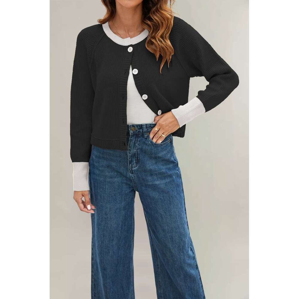 Autumn Winter New Tiktok Round Neck Color Block Fashion Button Contrast Knitted Cardigan Jacket B5