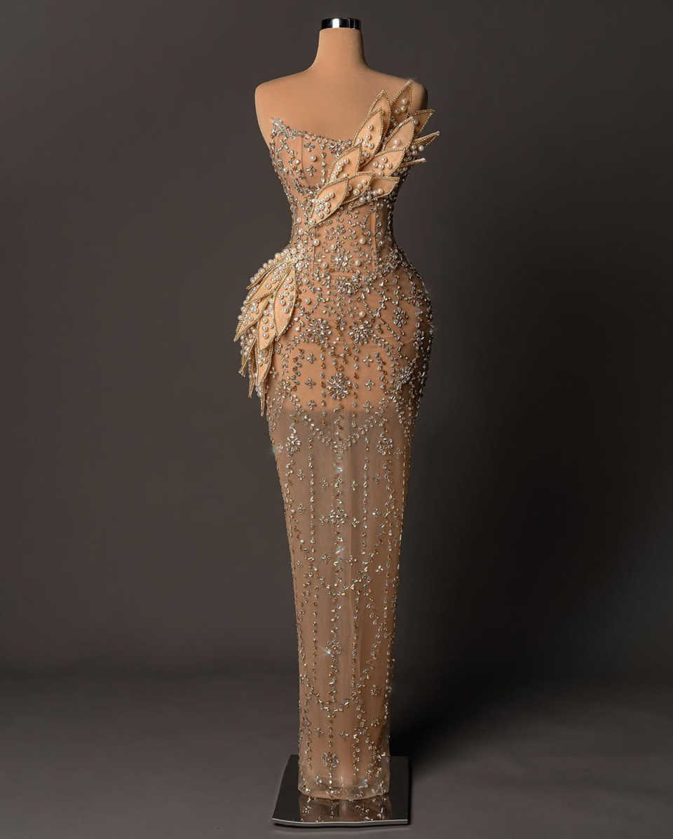 Stunning Crystal Pearls Mermaid Evening Dressses Sleeveless Beadeds Prom Gowns Dresses Couture Celebrity Customized Vestido De Gala