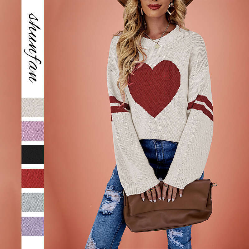 New Women's Autumn Winter Sweater Color Block Valentine's Day Heart Round Neck Knit B5