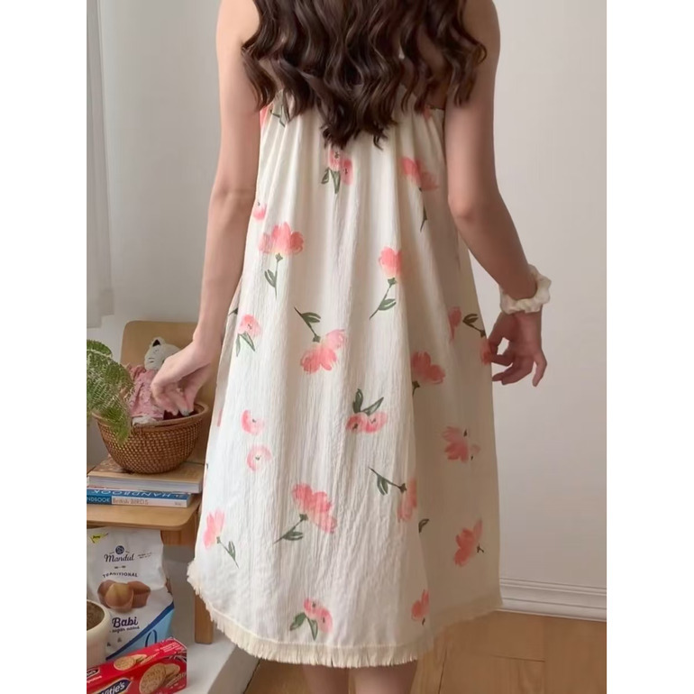 2025 women's models spring and summer sweet ins style halter mid-length loose nightgown female home dress tulips hot-sale products
