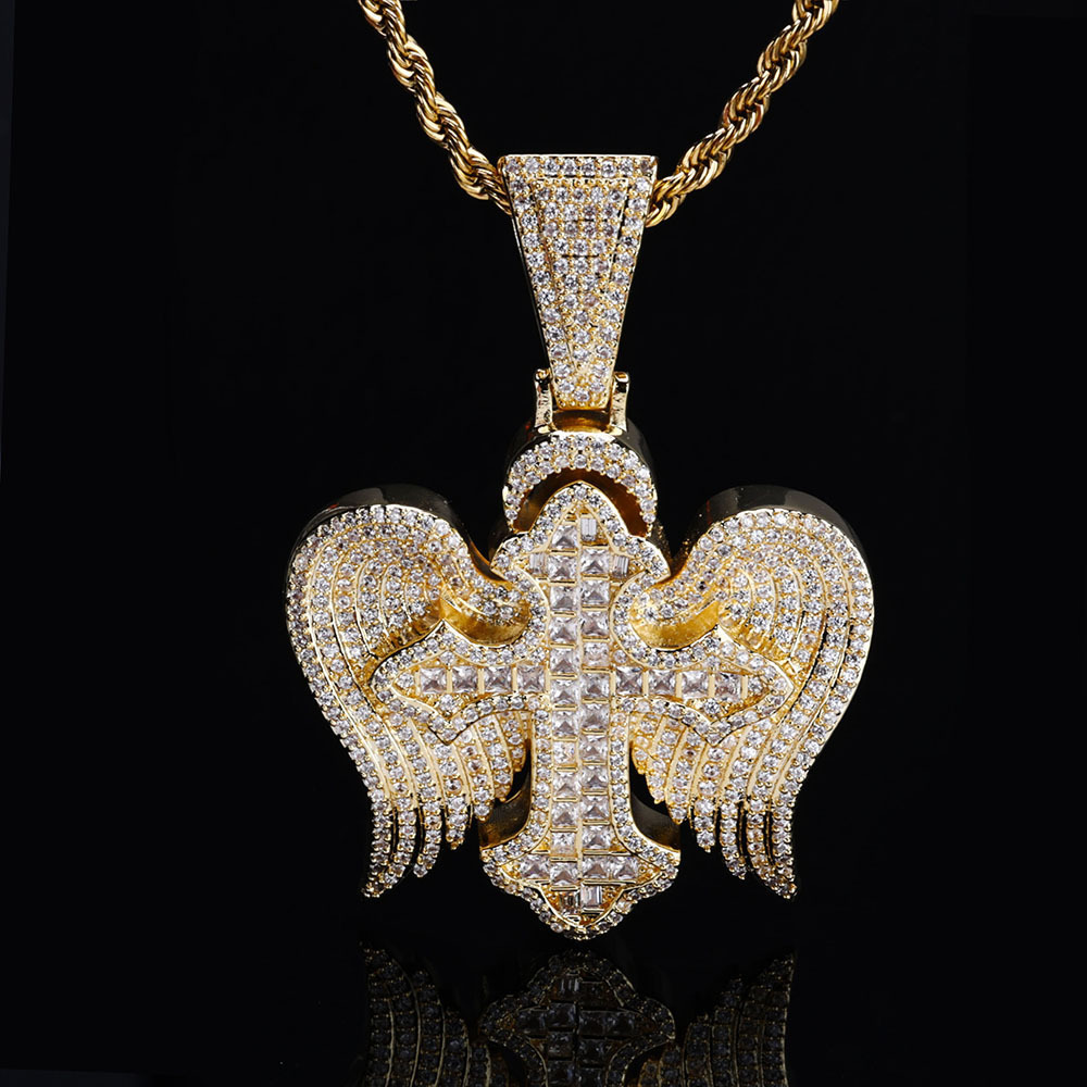 Fashion Angels Demons Iced Out Cross Micro Moissanite Paved Wing Necklace High Quality Men Women Hip Hop Jewelry Pendant