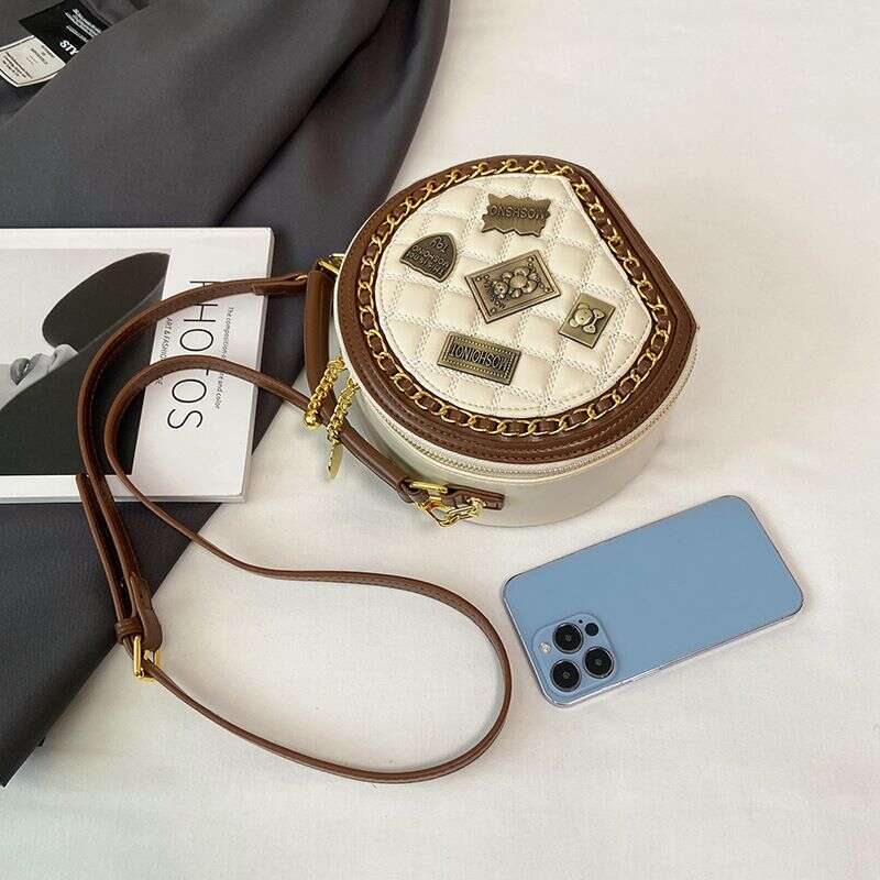 Xiaoxiangfeng New Korean Version Fashionable Personality Splicing Trend Single Shoulder Women's Crossbody Small Round Bag