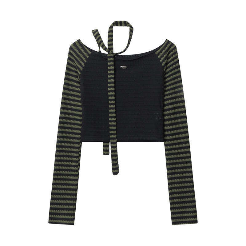 Spring New Off-Shoulder Pure Desire Ribbon Design Long Sleeve T-Shirt Women's Striped Top B5
