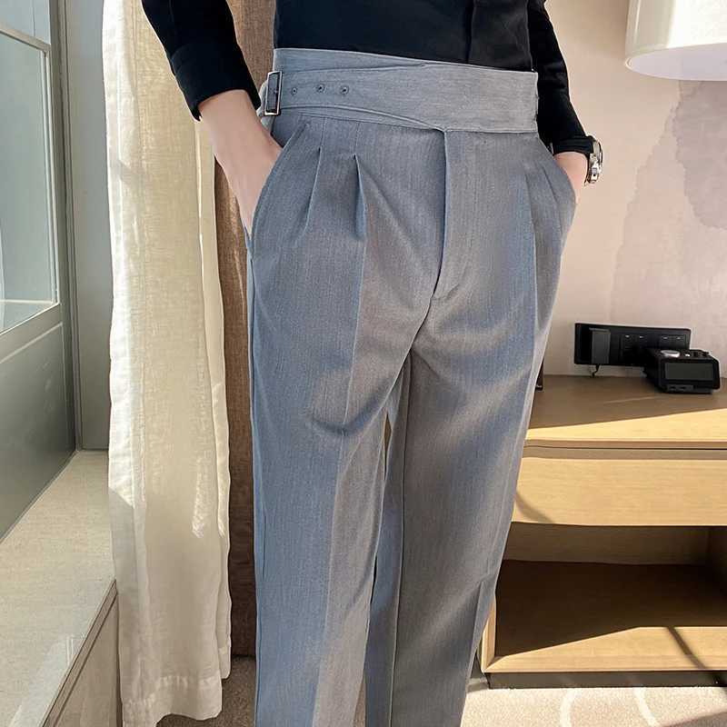 British Style Men High Waist Casual Dress Pant Men Belt Design Slim Trousers Formal Office Social Wedding Party Dress Suit Pants W250819